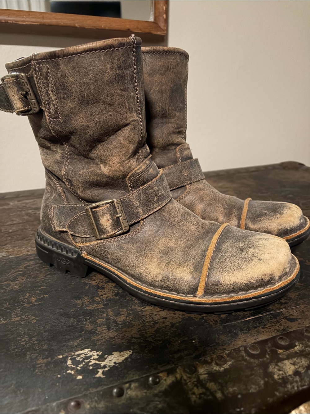 UGG Men's Brown Distressed Leather Buckle Boots